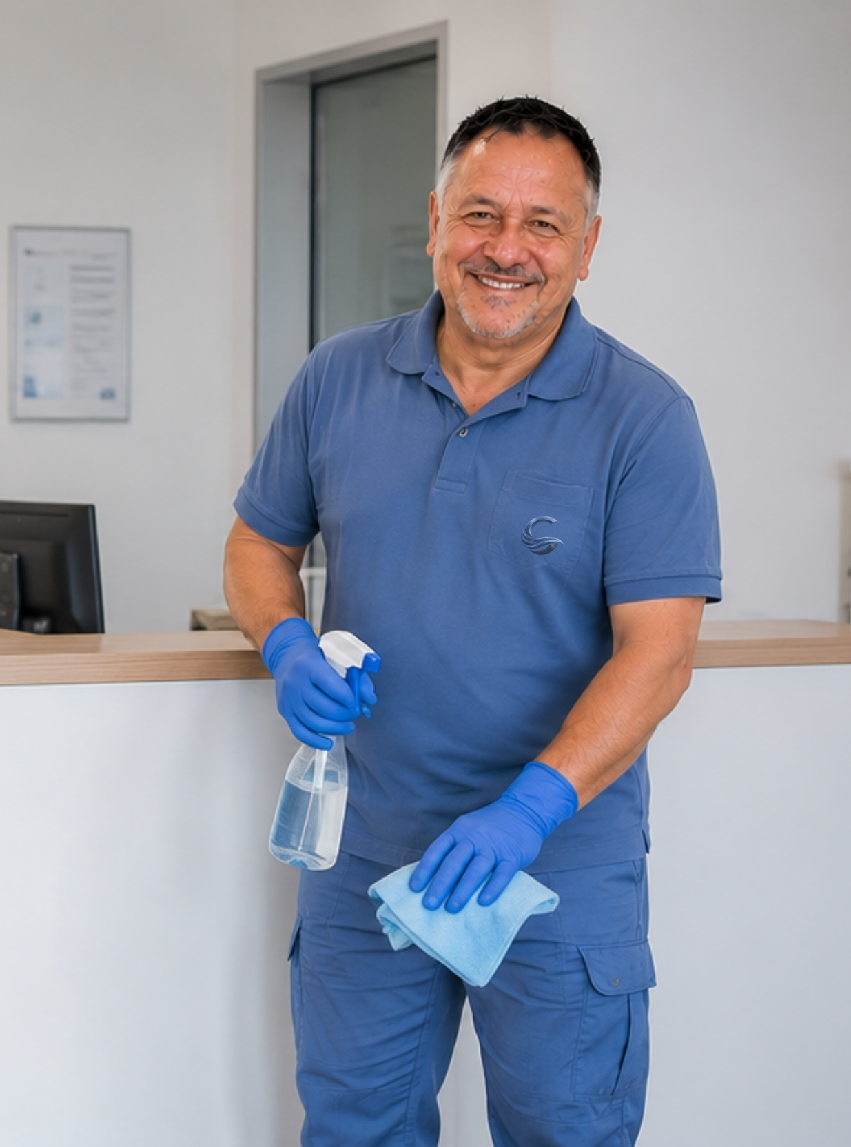 Mitarbeiter von Cleanata, einer Reinigungsfirma in Mannheim, vor einer sauberen Theke
