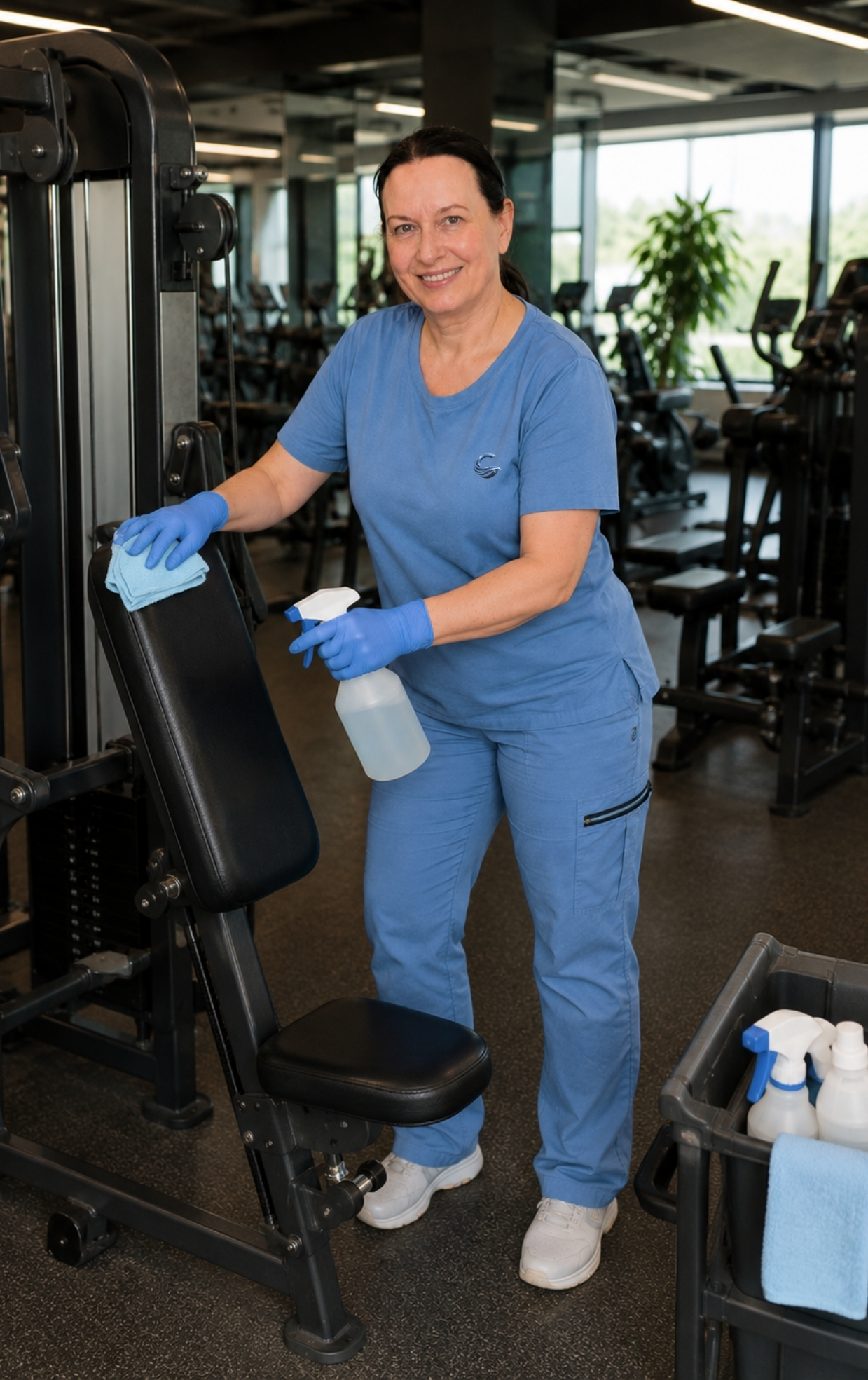 Mitarbeiterin von Cleanata bei der Fitnessstudio-Reinigung in Mannheim