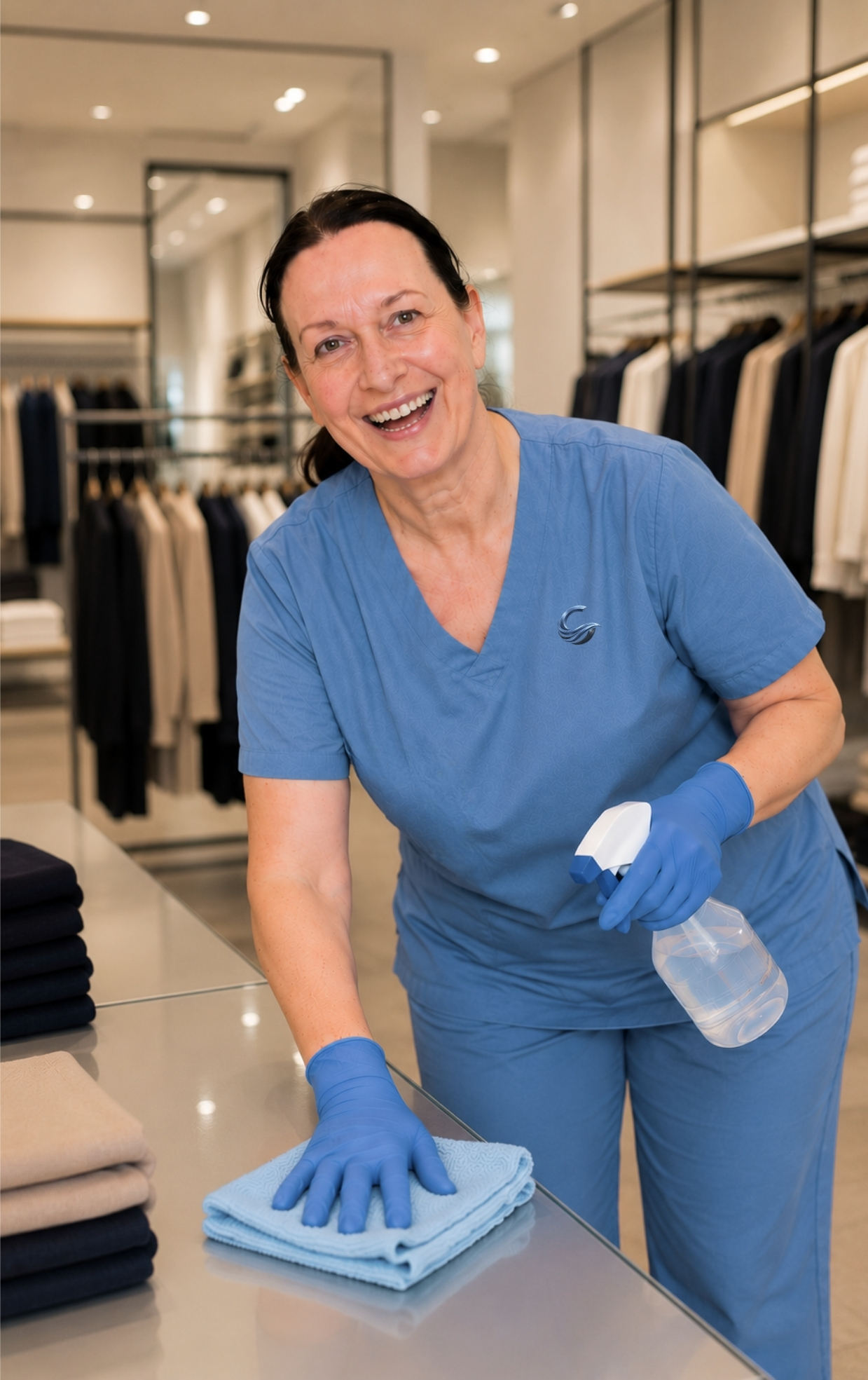 Mitarbeiterin von Cleanata, einer Reinigungsfirma in Mannheim, bei der Reinigungs eines Geschäfts